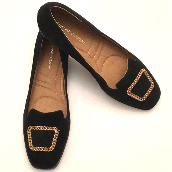 🆕 Adrienne Vittadini Black Suede Loafer Flats Chain Accent Slip on Shoe Size-10 - Picture 1 of 16